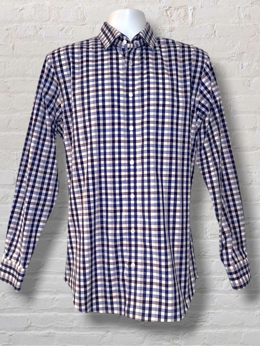 Calibrate Trim Fit Button-Down Shirt Navy Blue Check Plaid Men’s 16 34/35